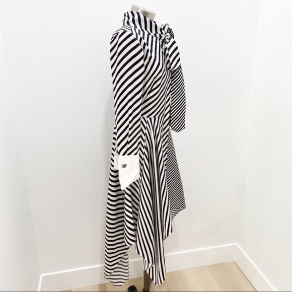 MONSE Asymmetric Striped Silk Twill Bow Tie Midi Dress In White Black Size 2 - Picture 8 of 14